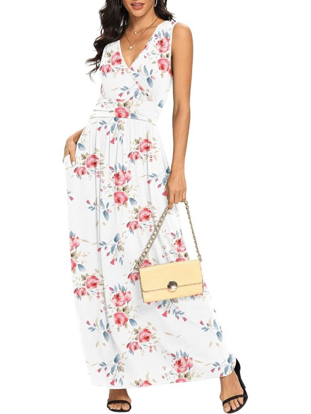 Lilbetter Women's Flower White Sleeveless Deep Loose Plain  Maxi Casual Dress